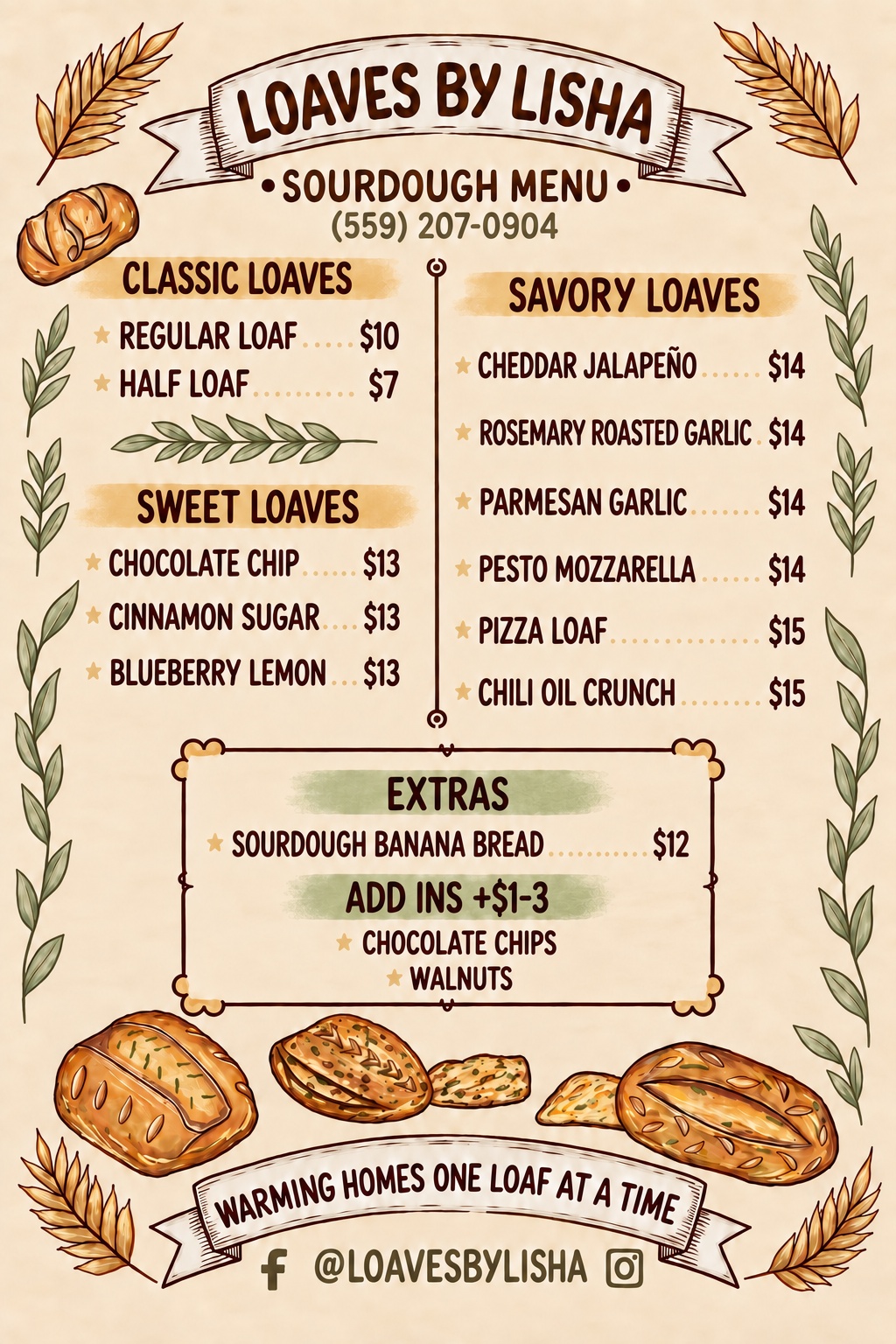 Loaves by Lisha illustrated sourdough menu. Full flavors and prices listed alongside.